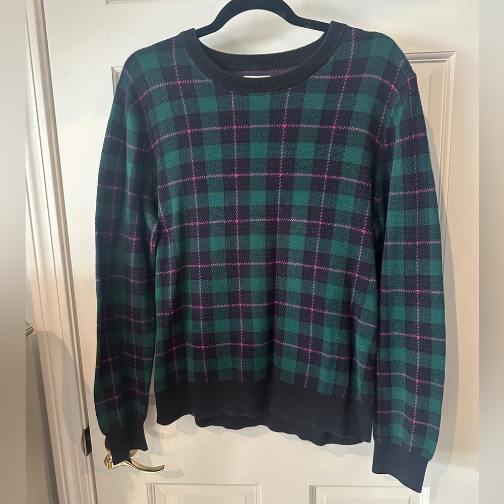 J. Crew Women's Green and Purple Plaid Crewneck Sweater